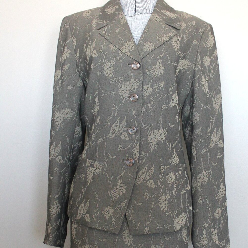 Le Suit skirt suit, size 8, khaki green & tan